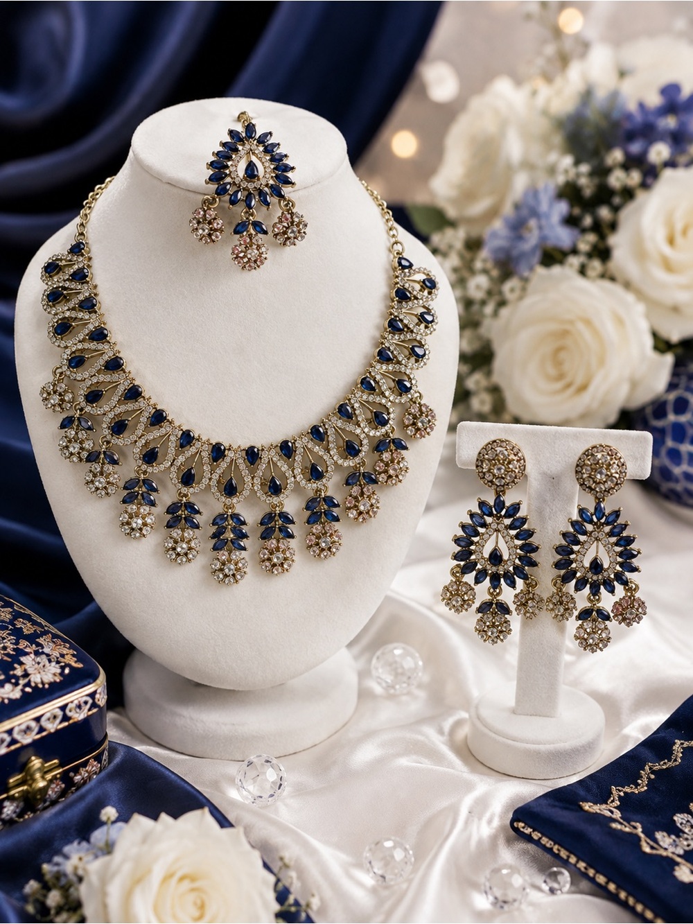 Gold and Navy Crystal Statement Necklace & Earring Set - Women Jewelry